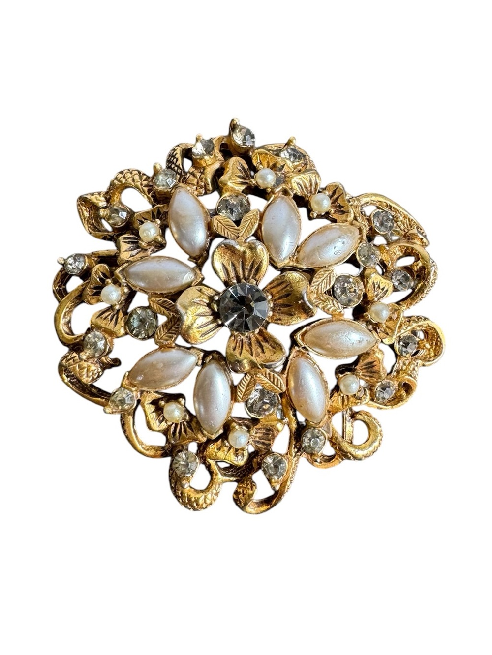 Vintage Florenza Pendant Brooch Gold Tone Victorian Style Pearl Rhinestone AS IS